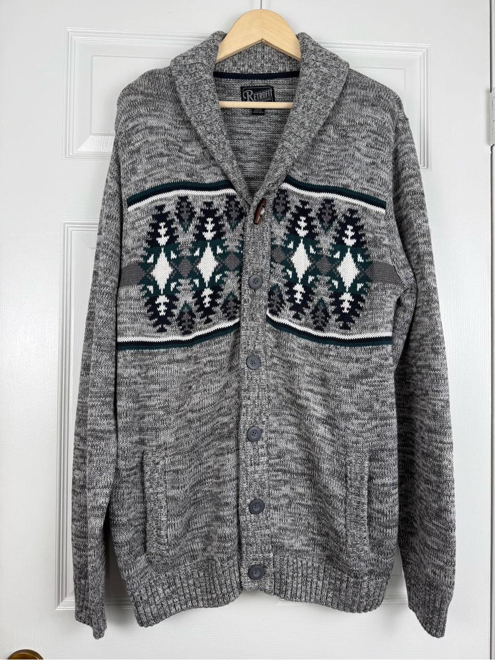 Retrofit Gray Marled Fair Isle Shawl Collar Cobain Cardigan XXL